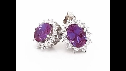 14k white gold Chatham alexandrite and diamond halo earrings