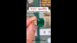 AAA+ quality 6 CT vivid dark green natural emerald and trapezoid three stone engagement ring 18K