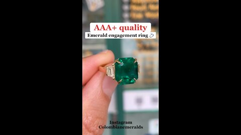 AAA+ quality 6 CT vivid dark green natural emerald and trapezoid three stone engagement ring 18K