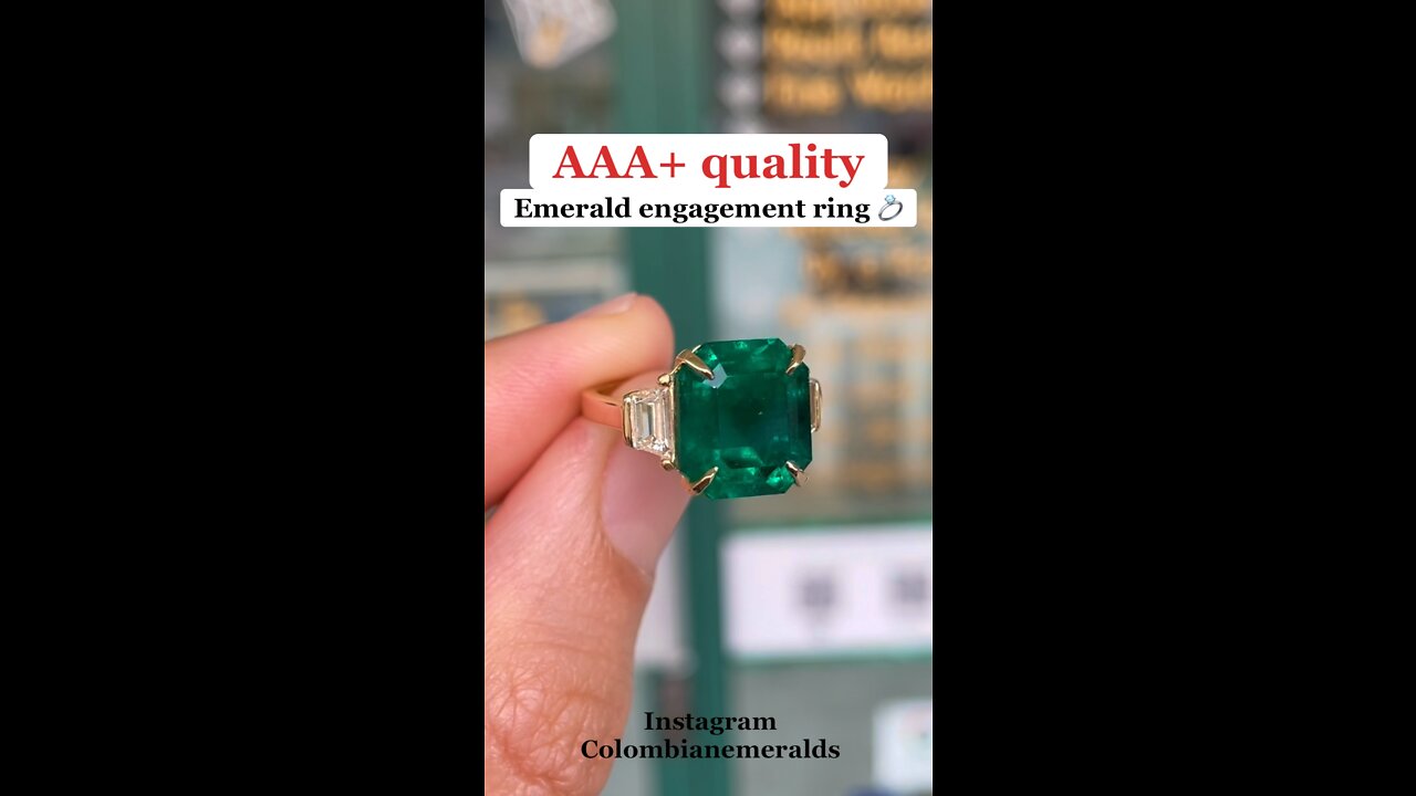 AAA+ quality 6 CT vivid dark green natural emerald and trapezoid three stone engagement ring 18K