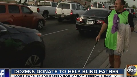 Dozens donate to help blind father who sells brooms along the road