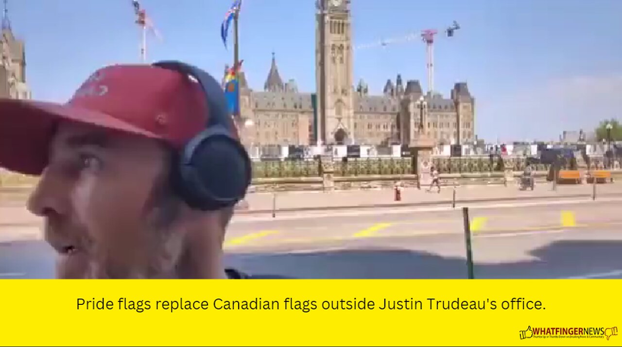 Pride flags replace Canadian flags outside Justin Trudeau's office.