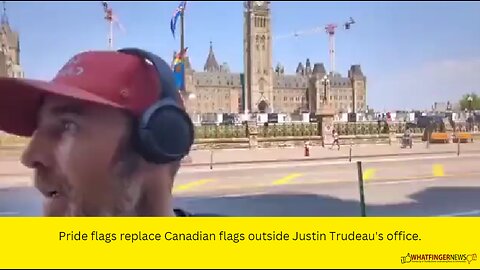 Pride flags replace Canadian flags outside Justin Trudeau's office.