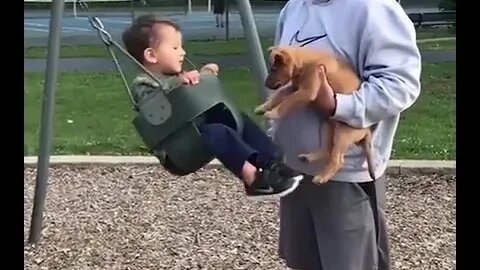 Good boy pushes his little buddy on the swing