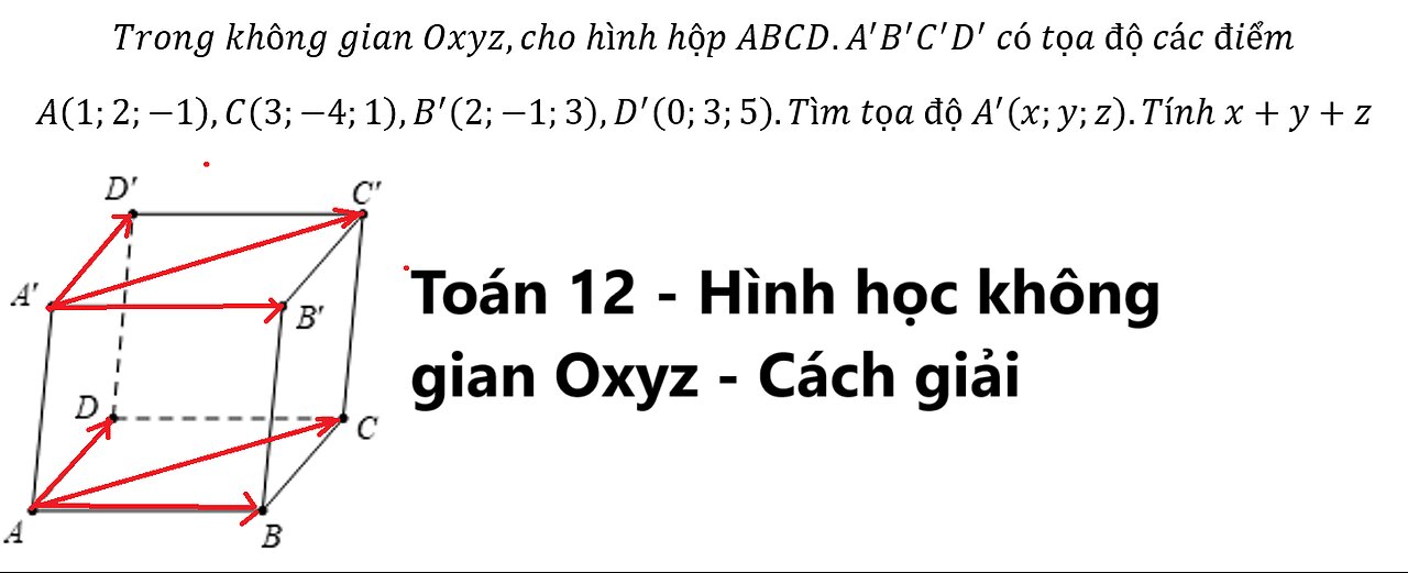 Trong không gian Oxyz,cho hình hộp ABCD.A'B'C'D' có tọa độ các điểm