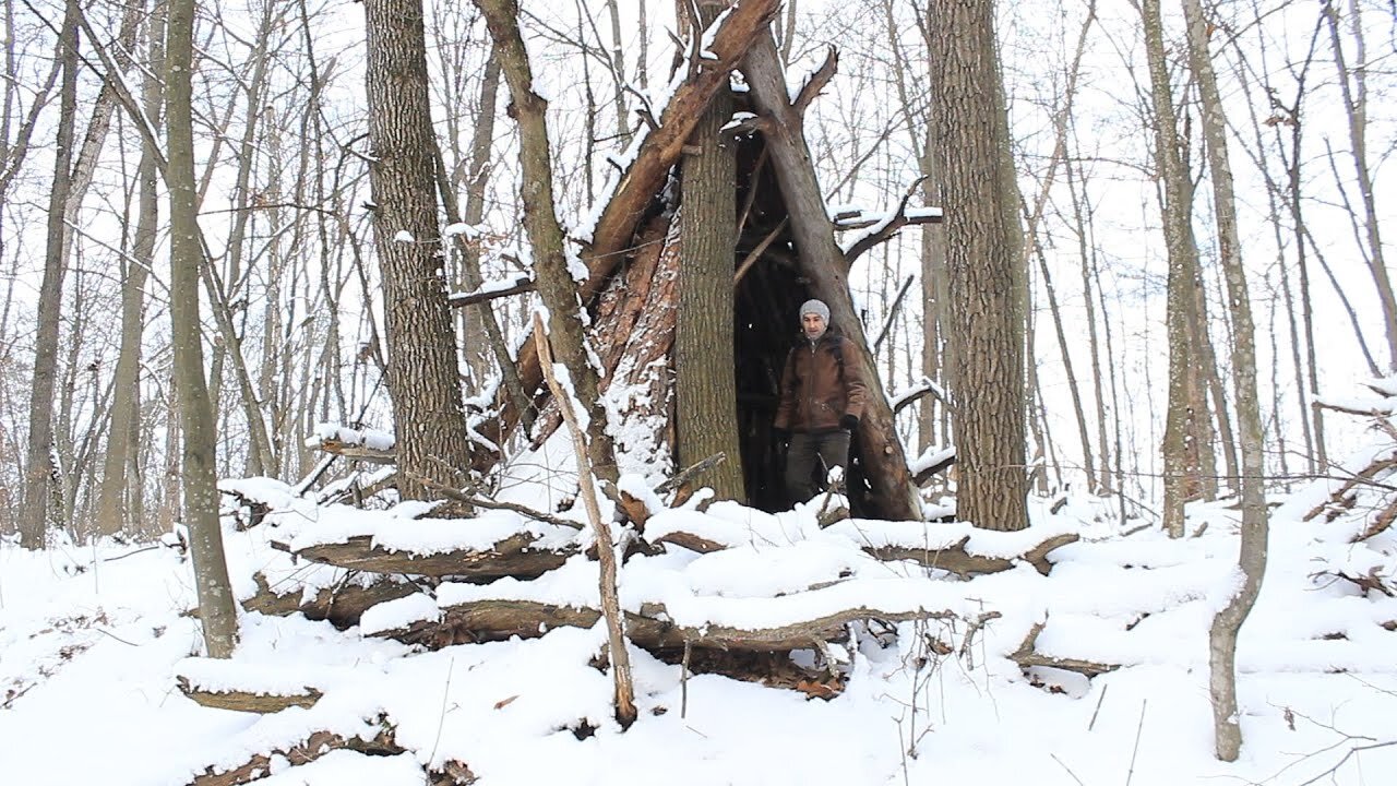 Winter Bushcraft Camping at -15 °С _ 5 °F in Natural Shelter, Campfire Cooking. ASMR