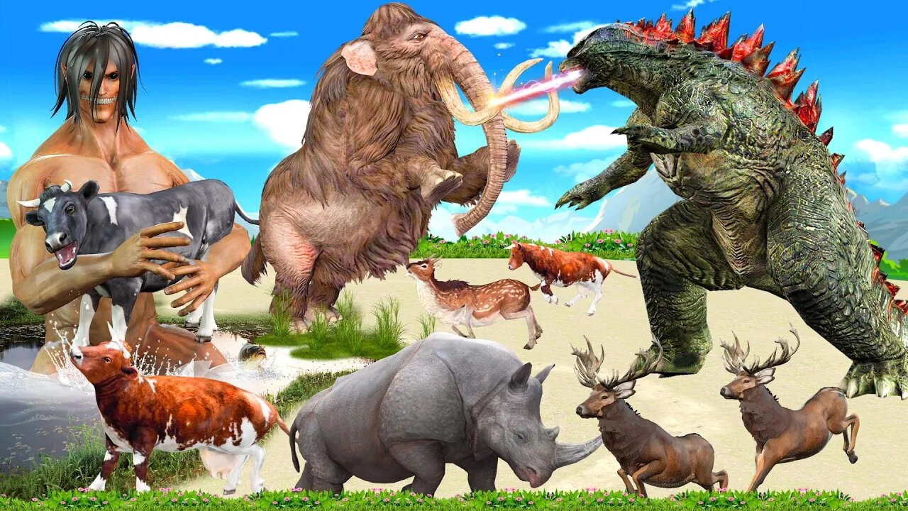 Attack on titan WoolyMammoth Vs GodzillaVS Rhyno Monster Fight Cow Family Rescue epic Animal Fight