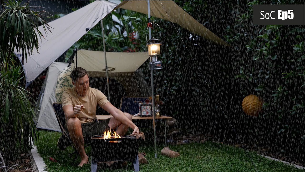 Backyard Camping in the rain, cosy campfire, SoC