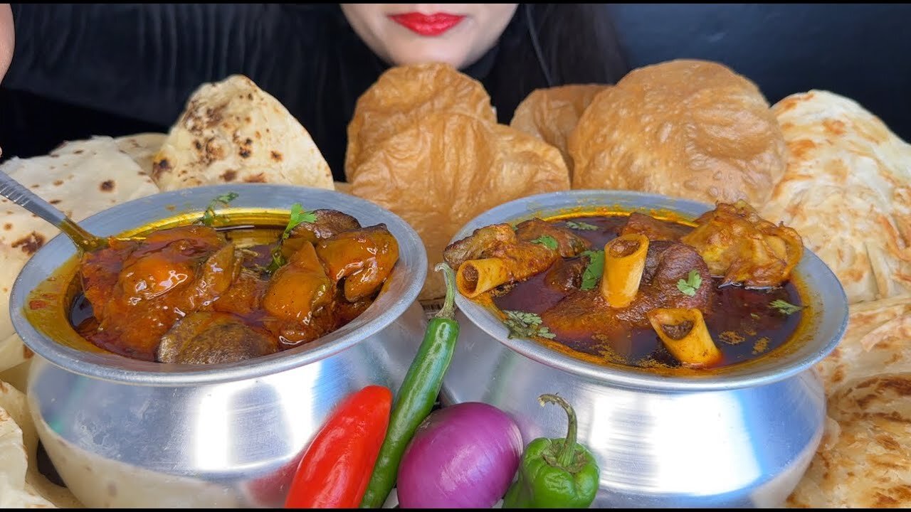 ASMR EATING PURI,MUTTON CURRY,LIVER CURRY,PARATHA,RUMALI ROTI