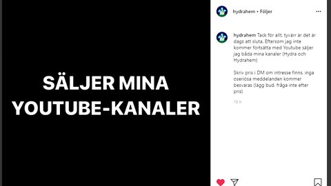 Hydra Säljer Sin YouTube Kanal (Hydra slutar med YouTube)