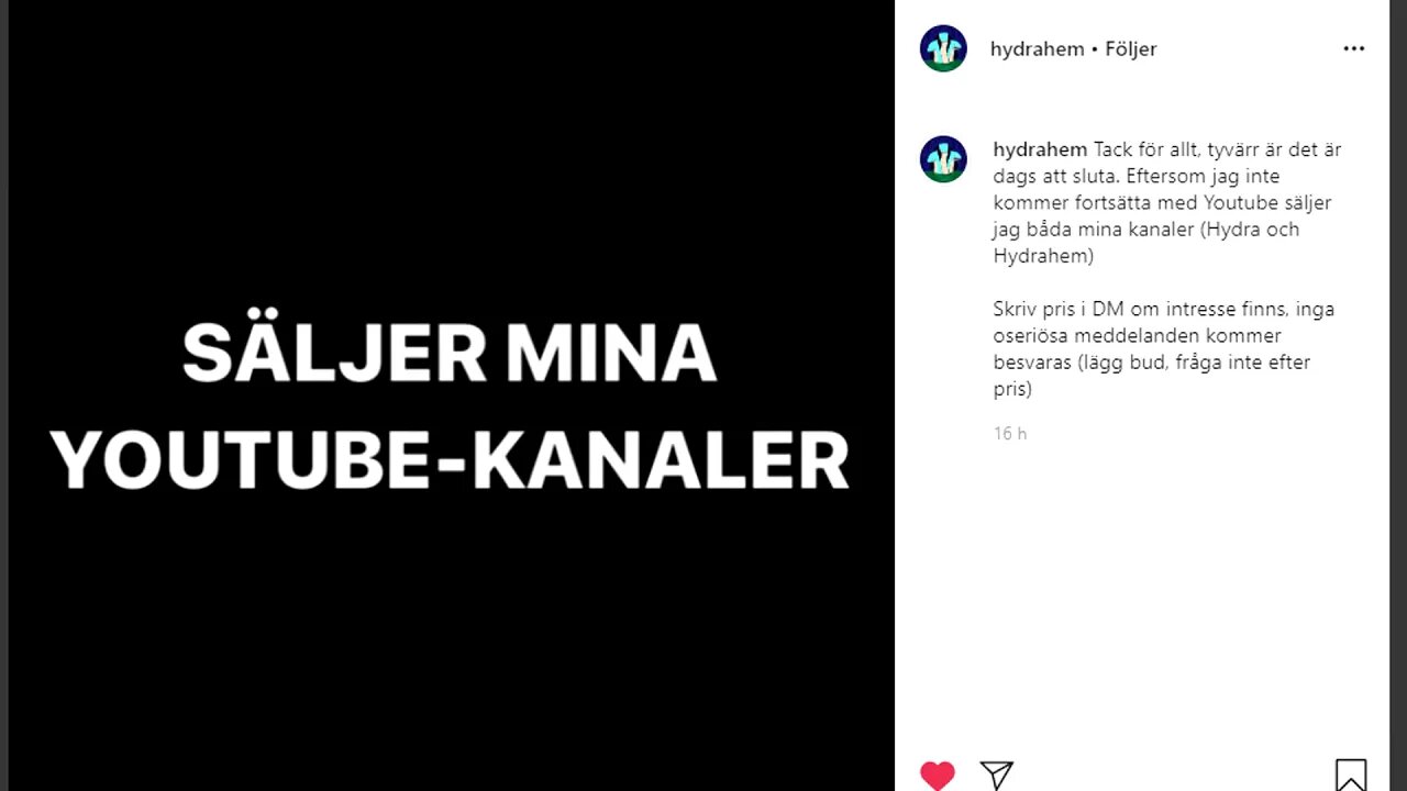 Hydra Säljer Sin YouTube Kanal (Hydra slutar med YouTube)