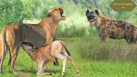 Strange! To save a lost baby wildebeest from a hyena's deadly hunt, a lioness steps in as