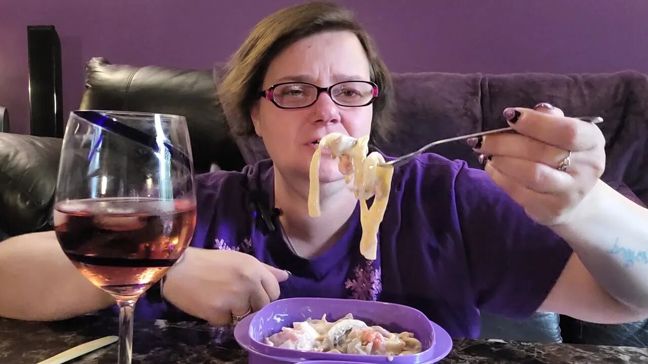 1 Pot Carbonara with a glass of rose wine and garlic bread Mukbang Asmr