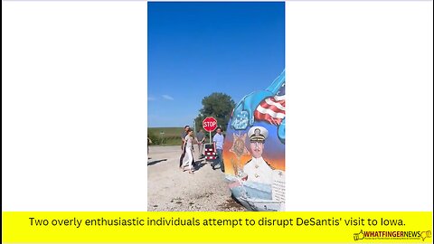 Two overly enthusiastic individuals attempt to disrupt DeSantis' visit to Iowa.