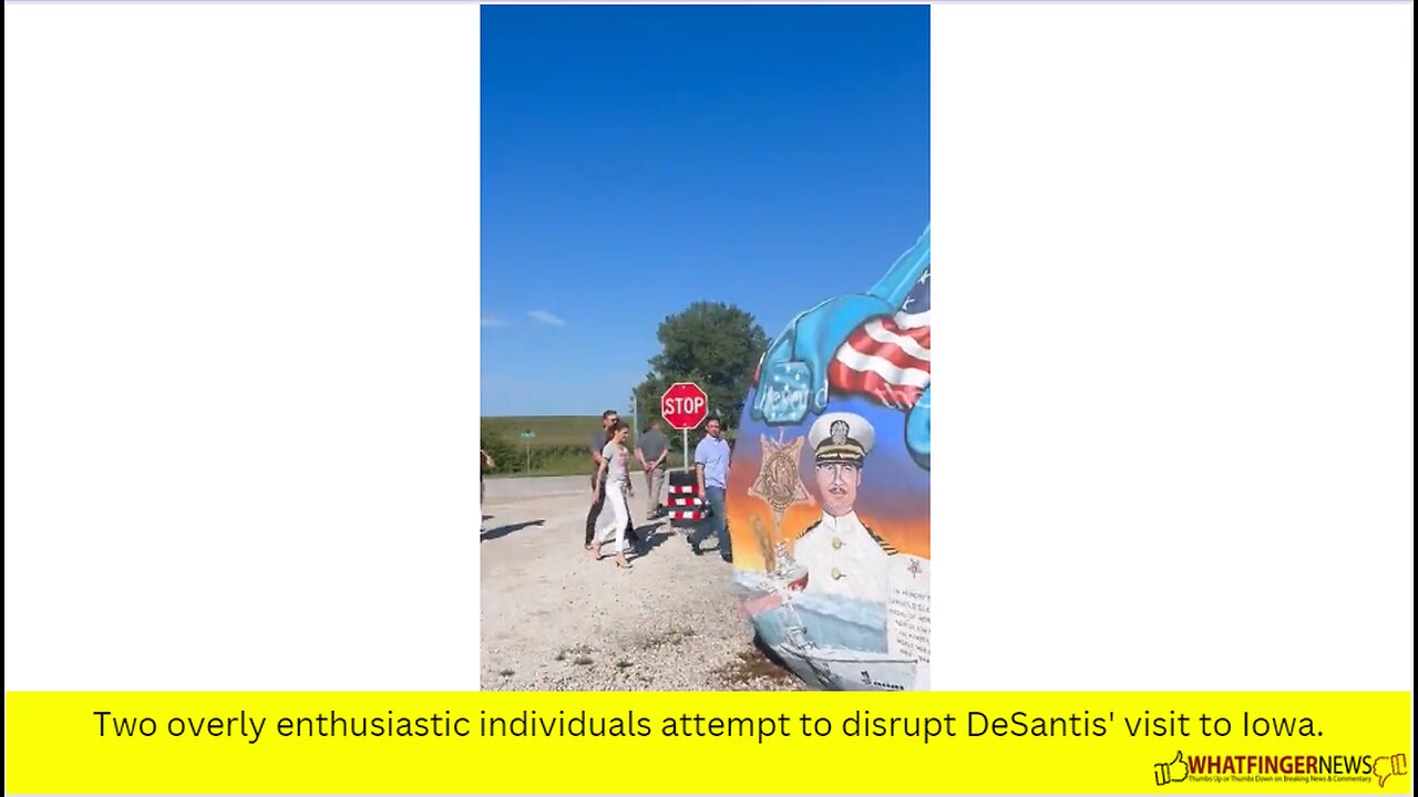 Two overly enthusiastic individuals attempt to disrupt DeSantis' visit to Iowa.