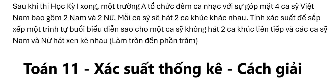 Toán 11: Sau khi thi Học Kỳ I xong, một trường A tổ chức đêm ca nhạc với sự góp mặt 4 ca sỹ Việt Nam