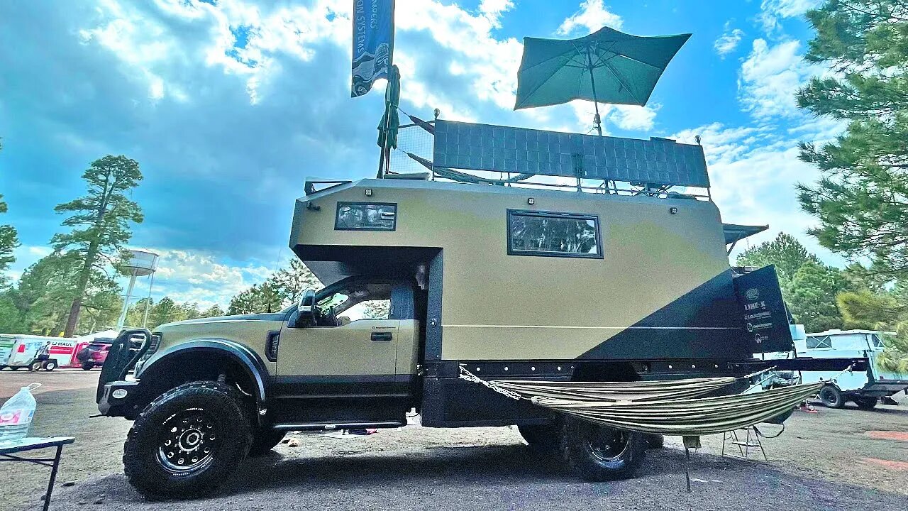 Erik built his Own Earth Roamer F550 Custom Camper with 6 Hammocks & Rooftop Patio