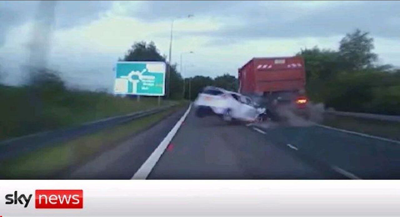 Speeding driver smashes info lorry while evading police.
