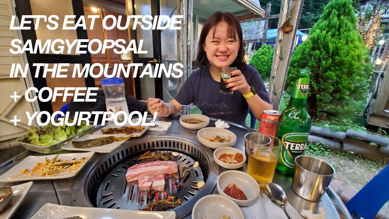 Let's Eat! Samgyeopsal In Outdoor Mountain Restaurant and YogurtPool dessert In Seoul, South Korea