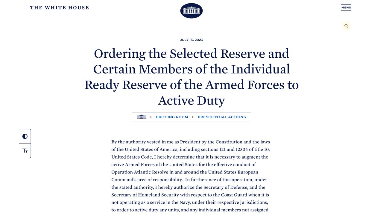 ALERT: White House Ordering Selected Reserve and Certain Members of the Individual Ready Reserve of the Armed Forces to Active Duty