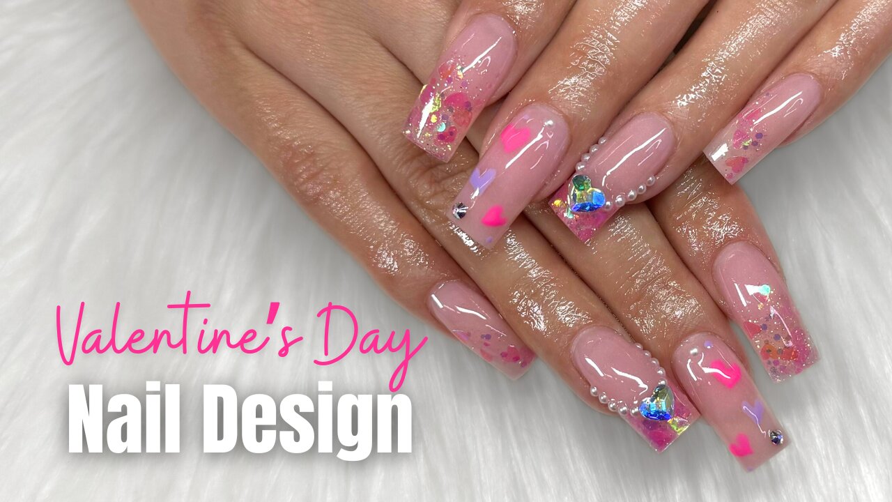 Pink Valentines Day Glitter Acrylic Nails | Candy Kisses