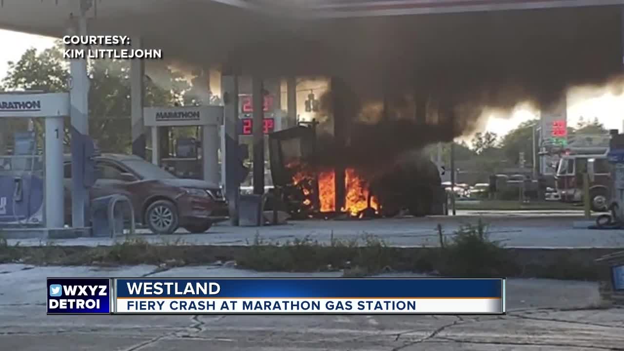 Car crashes into gas pump igniting fire at Westland gas station