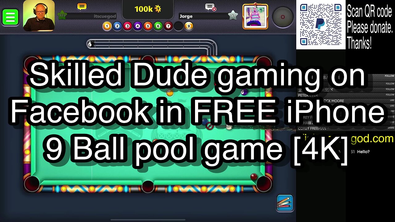 Skilled Dude gaming on Facebook in FREE iPhone 9 Ball pool game [4K] 🎱🎱🎱 8 Ball Pool 🎱🎱🎱