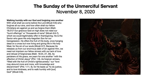 The Sunday of the Unmerciful Servant - Trinity 22 - November 8, 2020