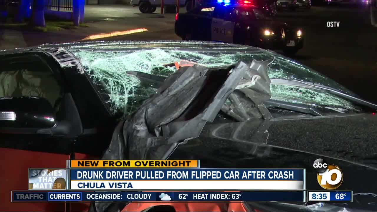 Drunk driver pulled from flipped car after Chula Vista crash