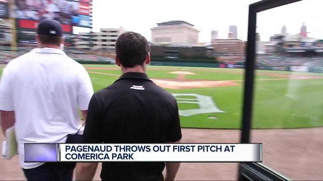 Simon Pagenaud throws out first pitch at Tigers game one month before Detroit Grand Prix