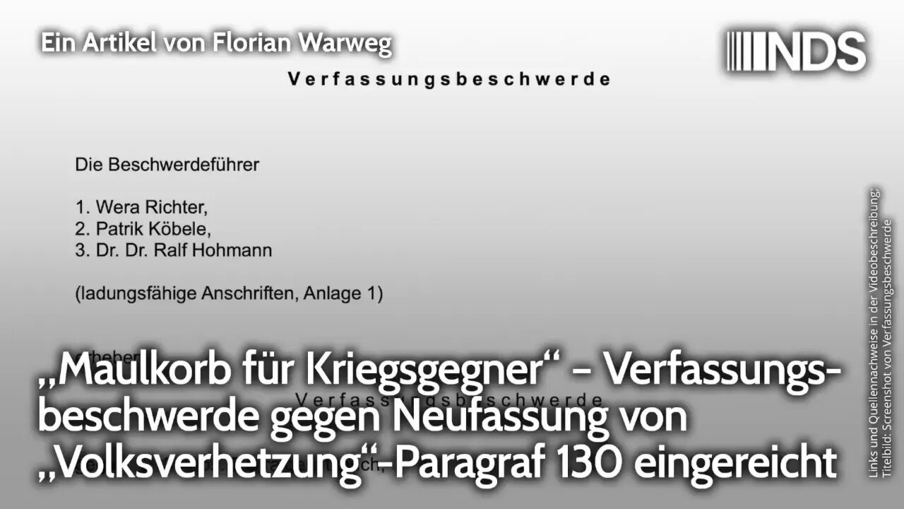 „Maulkorb für Kriegsgegner“ – Verfassungsbeschwerde gegen Neufassung von „Volksverhetzung“-§ 130 NDS