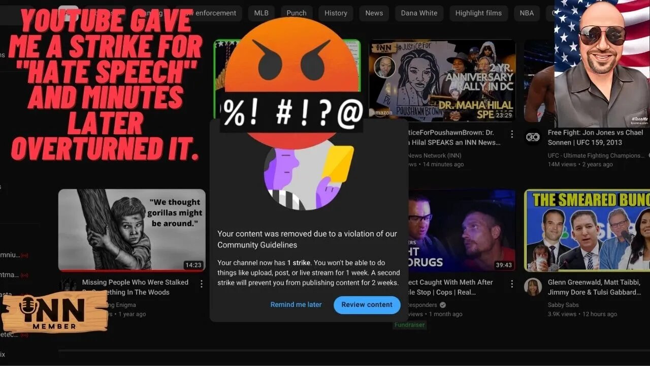 YouTube Gave Me a STRIKE for "HATE SPEECH" and minutes later overturned it.