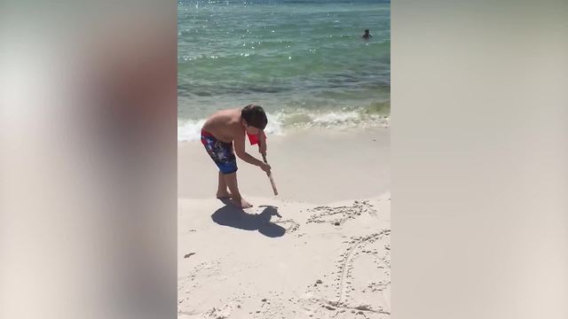 Little Boy Can’t Wait For His Mom To Check Out His Sand Masterpiece