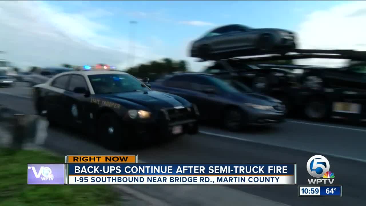 Semi hauling potato chips catches fire on I-95 southbound in Martin County