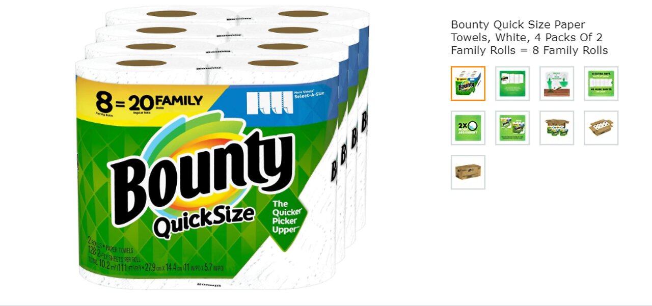 Bounty Quick Size Paper Towels, White, 4 Packs Of 2 Family Rolls = 8 Family Rolls