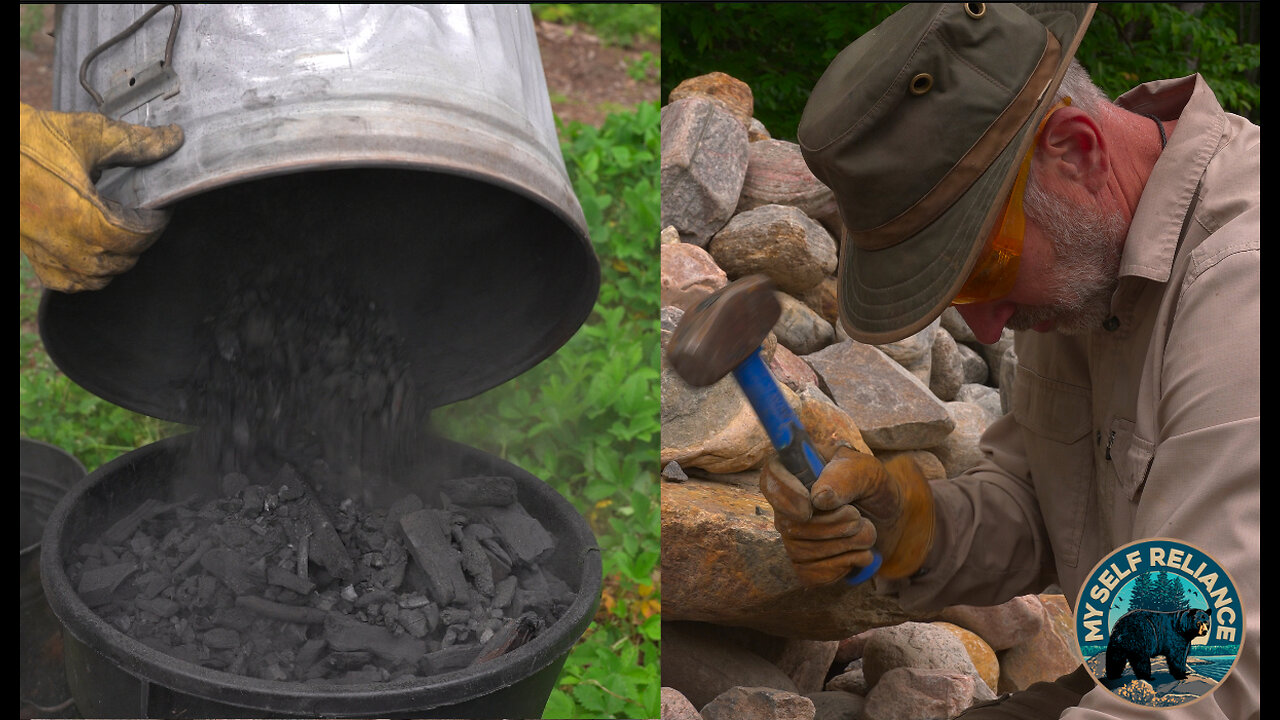 Hand Splitting Stone and Making Charcoal Biochar for my Off Grid Homestead Buildings