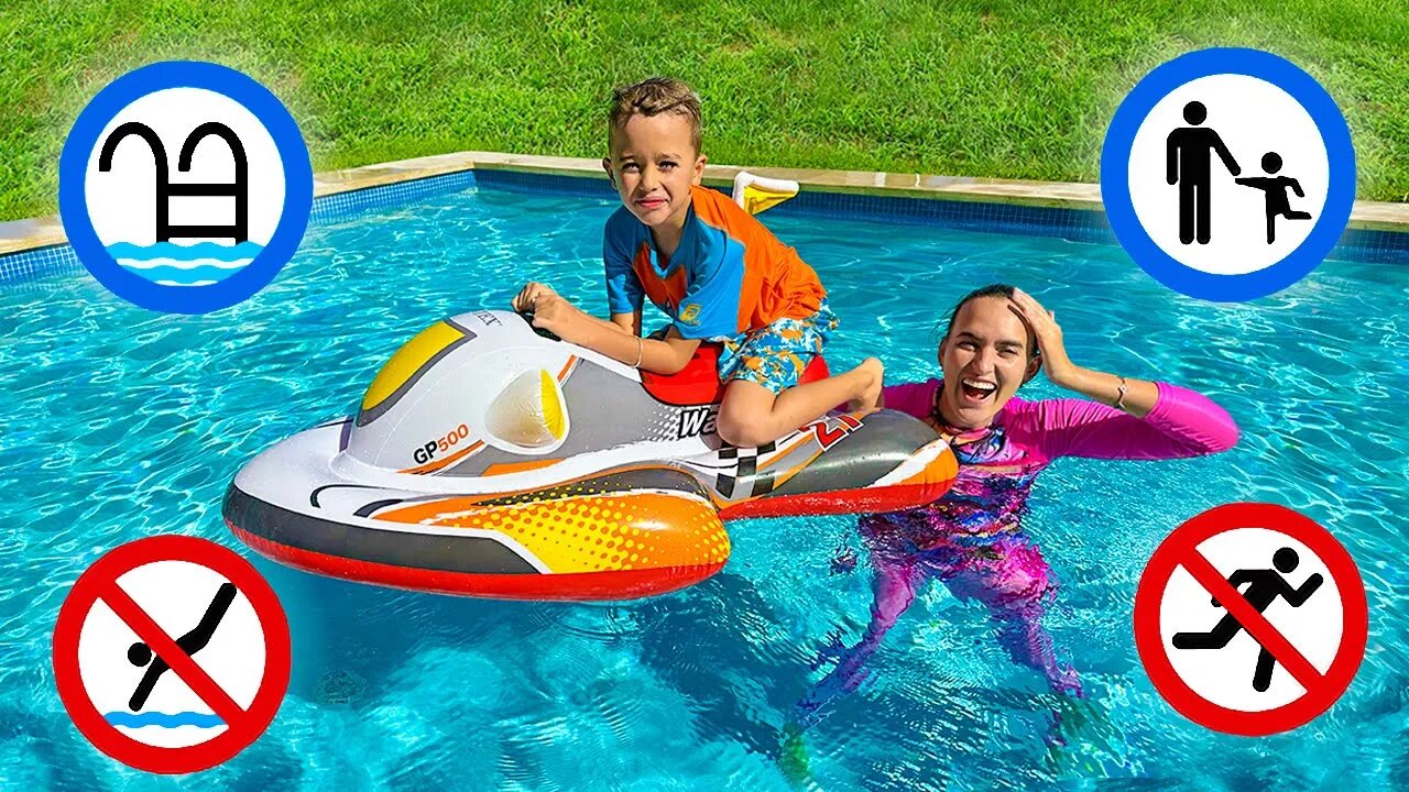 Vlad and Niki show the safety rules in the pool.