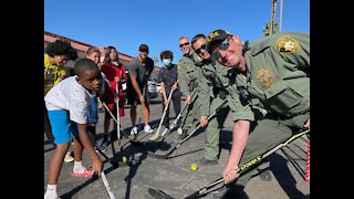 Retired Vegas Golden Knights player Deryk Engelland joined kids' street hockey game