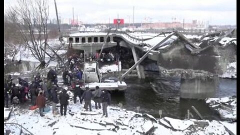 Elderly Refugees Flee Across Bombed-Out Bridge