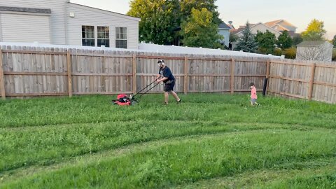 Mowing lawn with 3 year old!