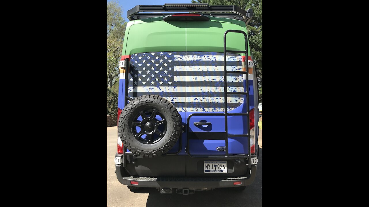 Installation of the Aluminess tire carrier and ladder rack on my van, Galahad