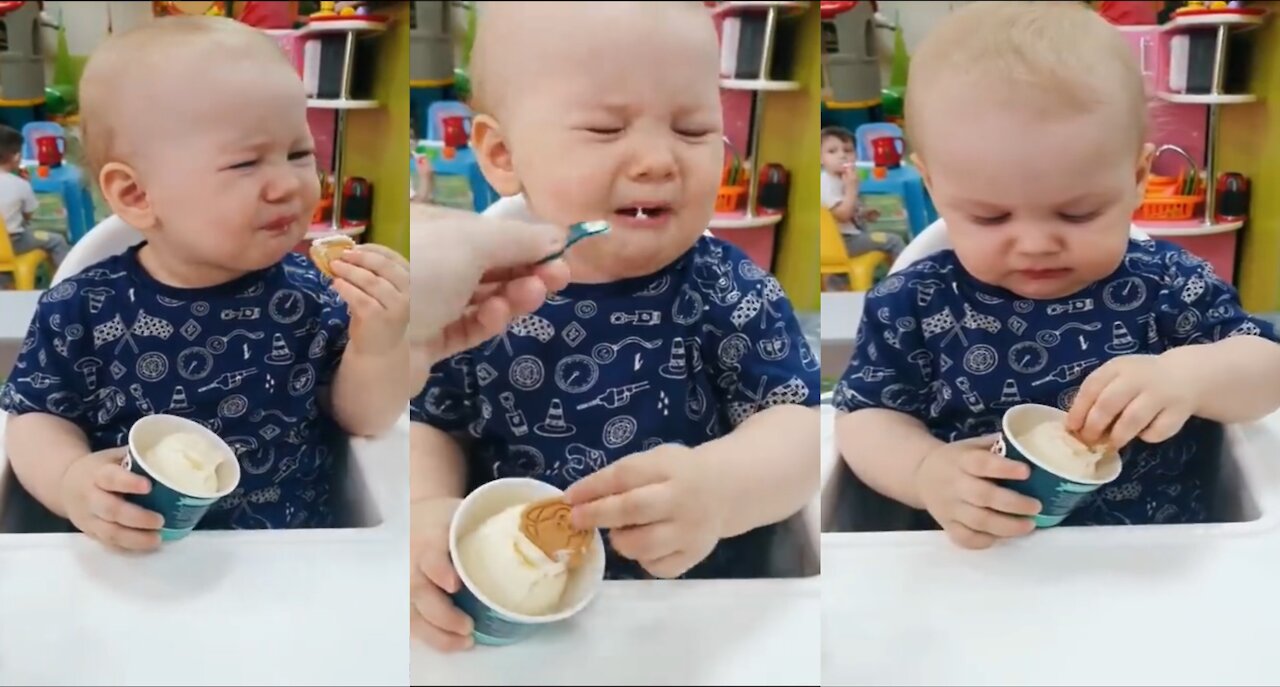 Baby thinks eating ice cream is absolutely hysterical