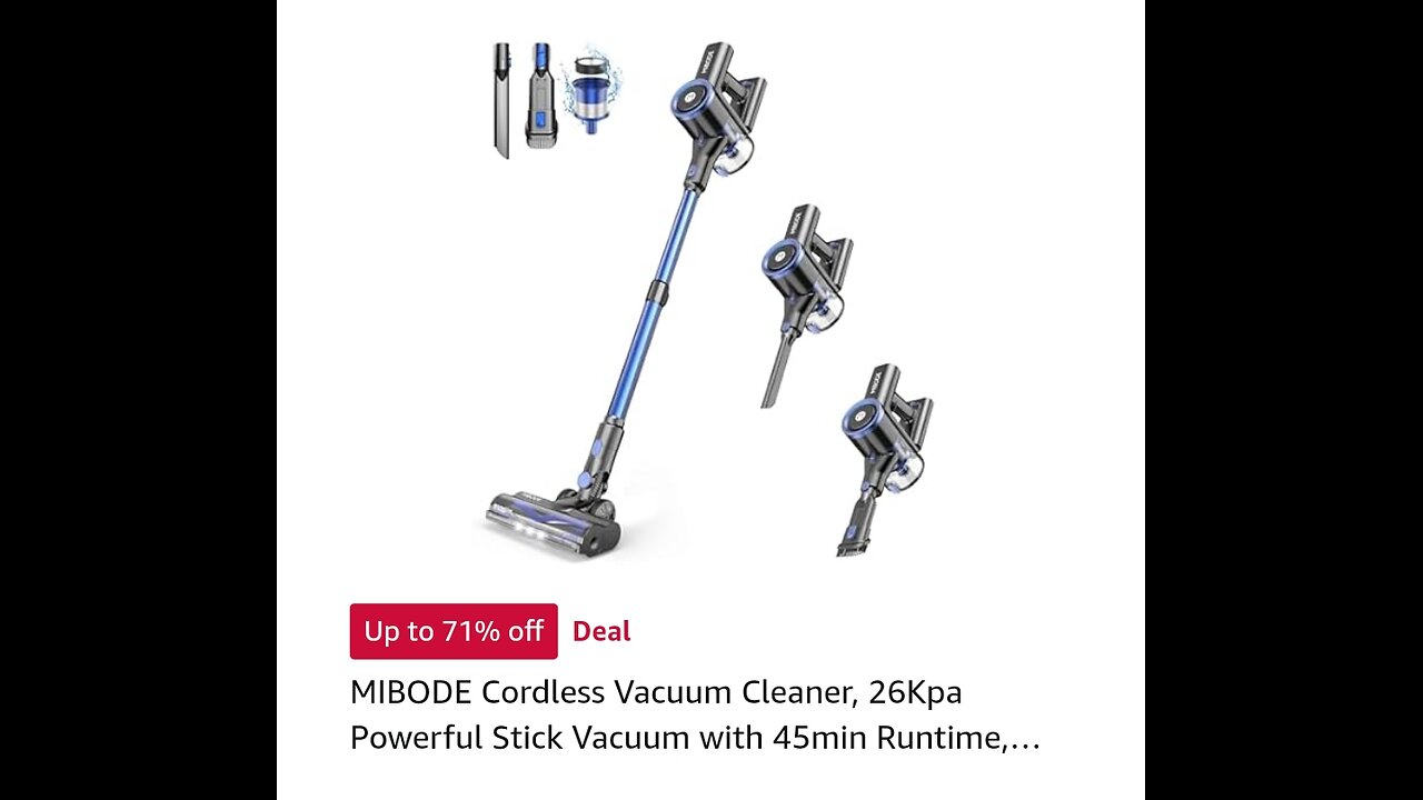 MIBODE Cordless Vacuum Cleaner, 26Kра Powerful Stick Vacuum with 45min Runtime