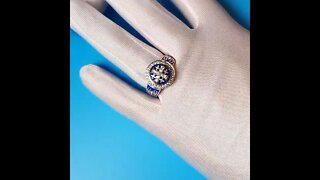 Two Tone 14K Gold Jerusalem Cross Christian Ring with Diamonds and Blue Enamel and Roman Crosses