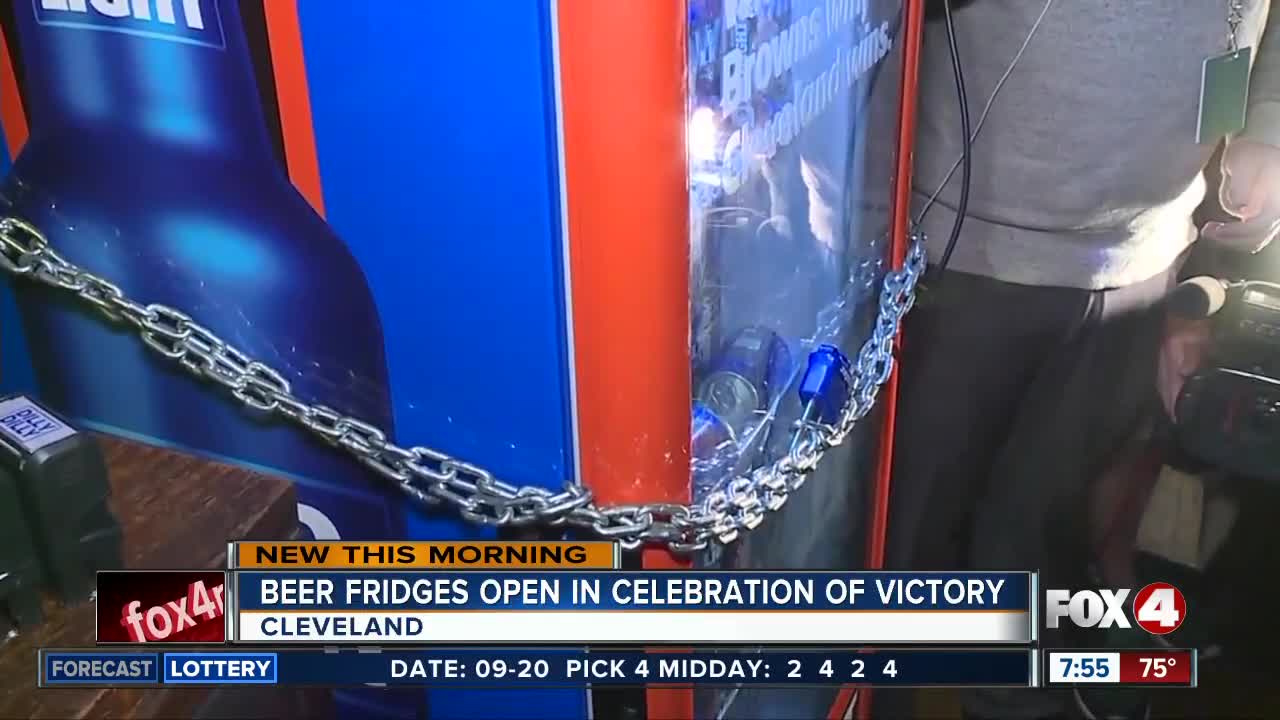 Browns Victory Fridges in Cleveland, filled with Bud Light, unlocked