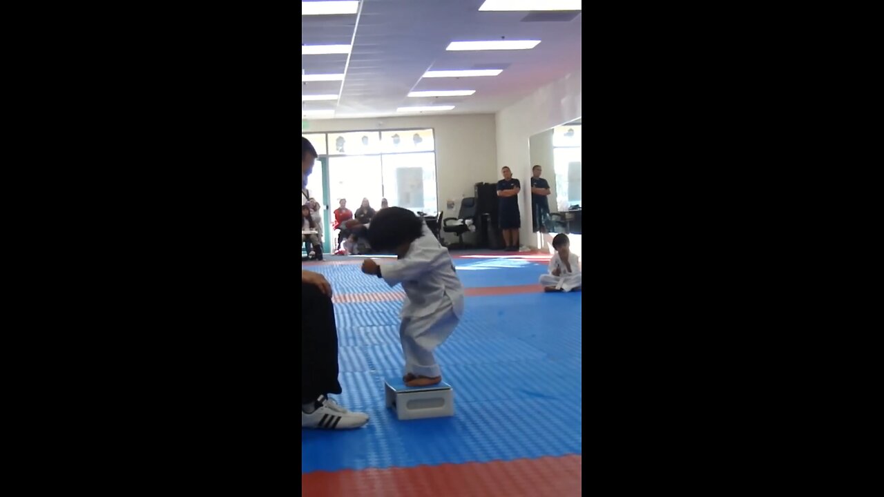 3 year old tries to break board in taekwondo