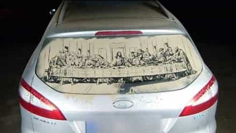 Artist creates "The Last Supper" on dirty car