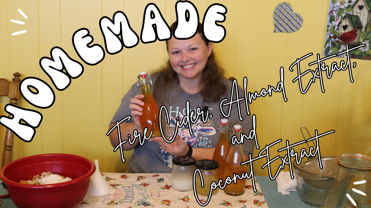 Straining Homemade Fire Cider, Almond Extract, and Coconut Extract.