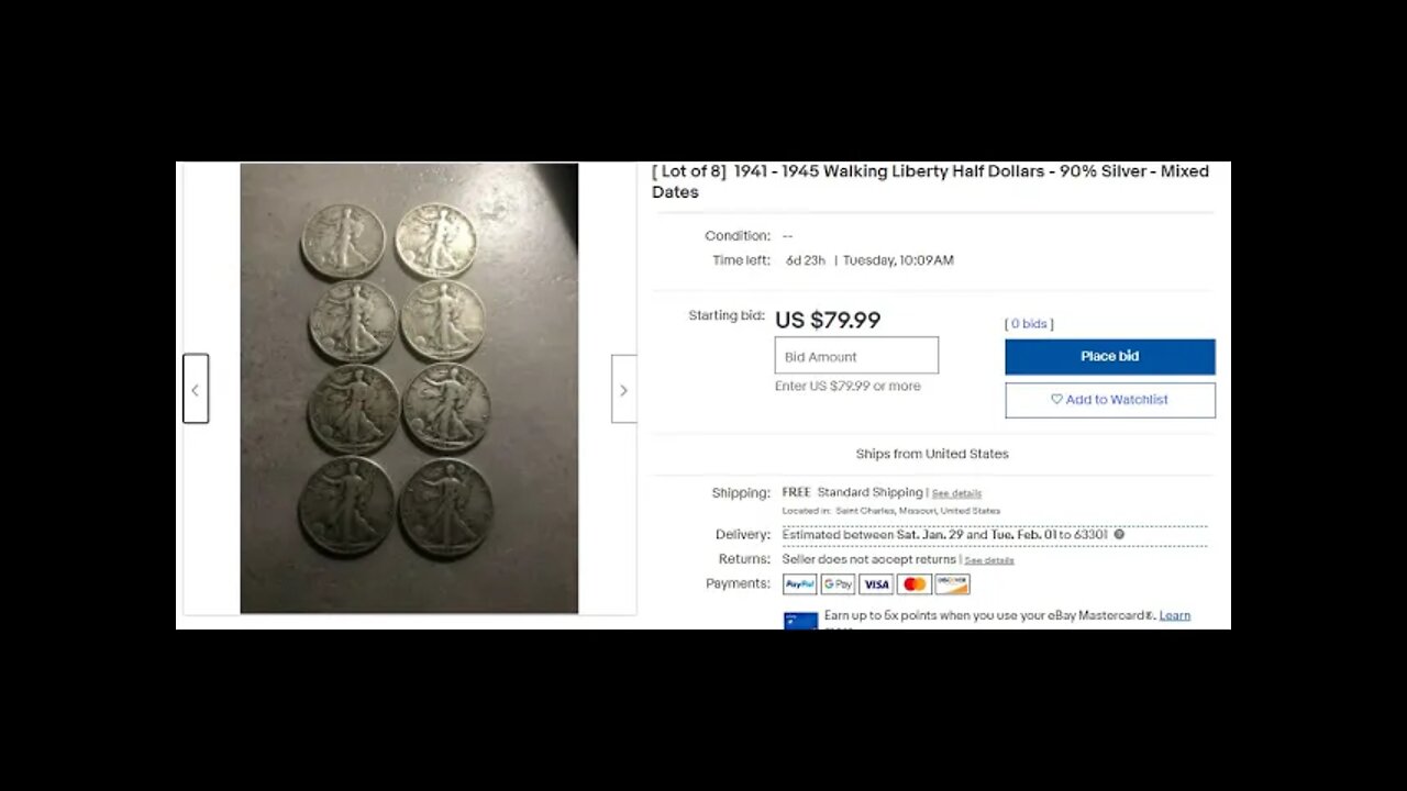 Ebay Auctions - [ Lot of 8] 1941 - 1945 Walking Liberty Half Dollars - 90% Silver - Mixed Dates