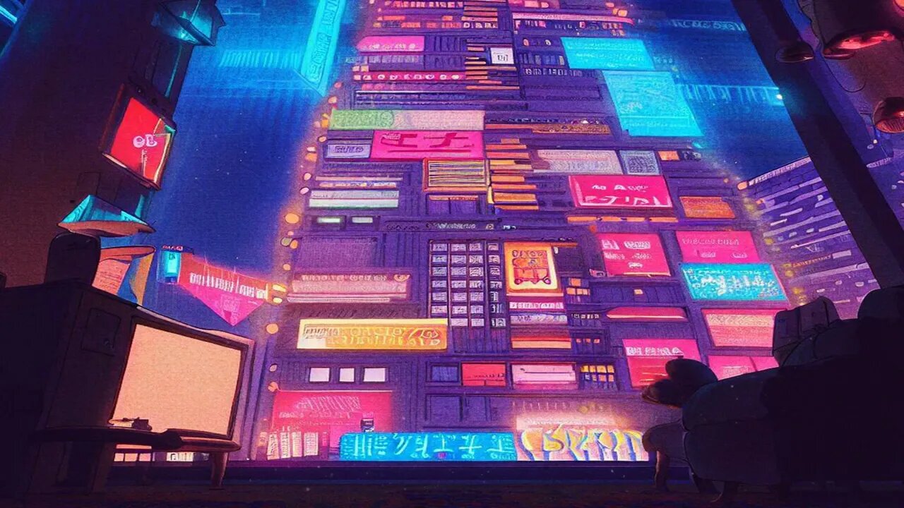 Lofi Songs for Study 🎮🎬🌆「ローファイ勉強用BGMとネオン社交メディアの画面がある居心地の良いサイバーパンクカフェで一緒にくつろぎましょう」